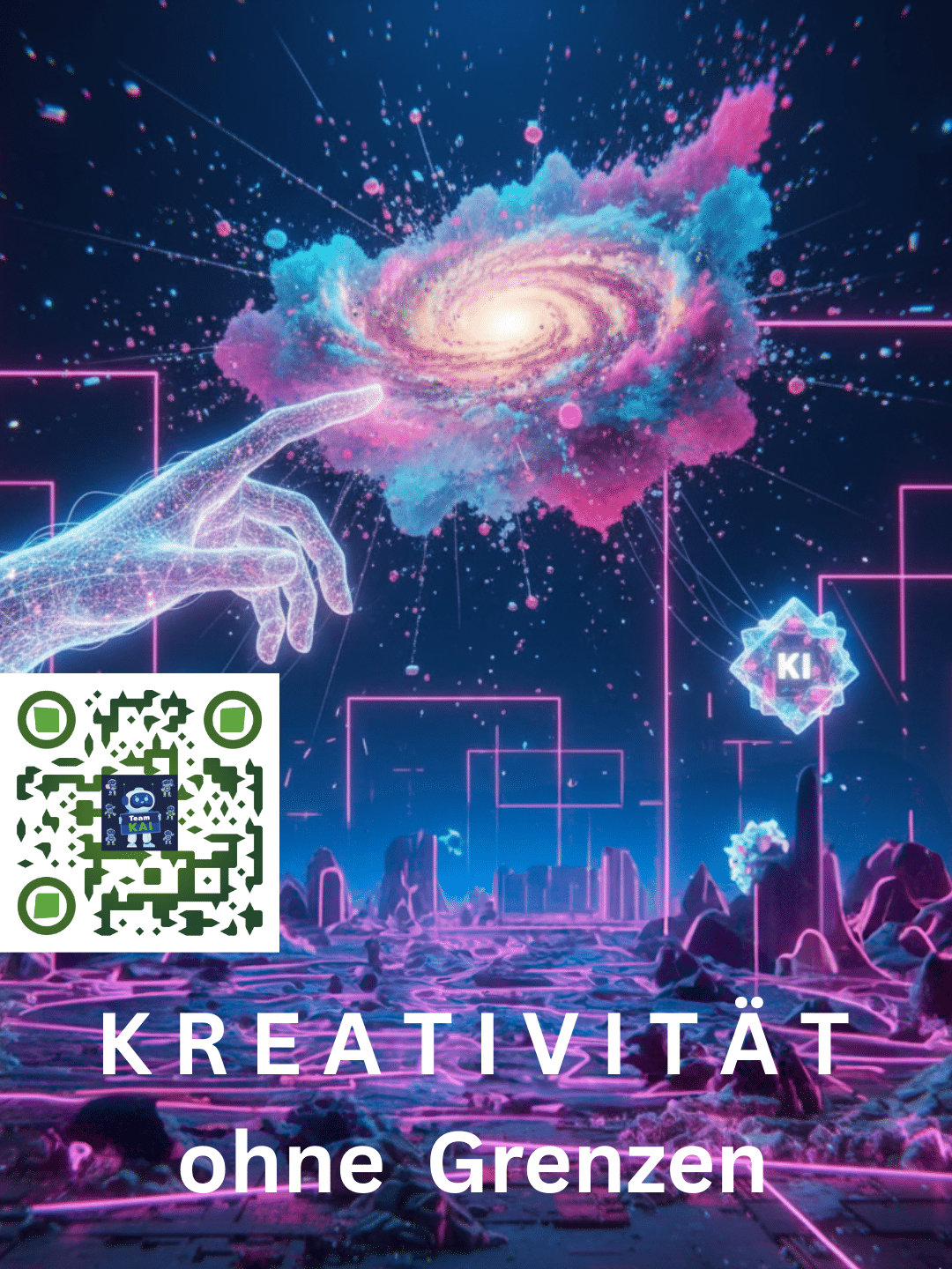 Eine digitale Hand interagiert mit einer farbigen Galaxie. Text: "KI: Kreativität ohne Grenzen."