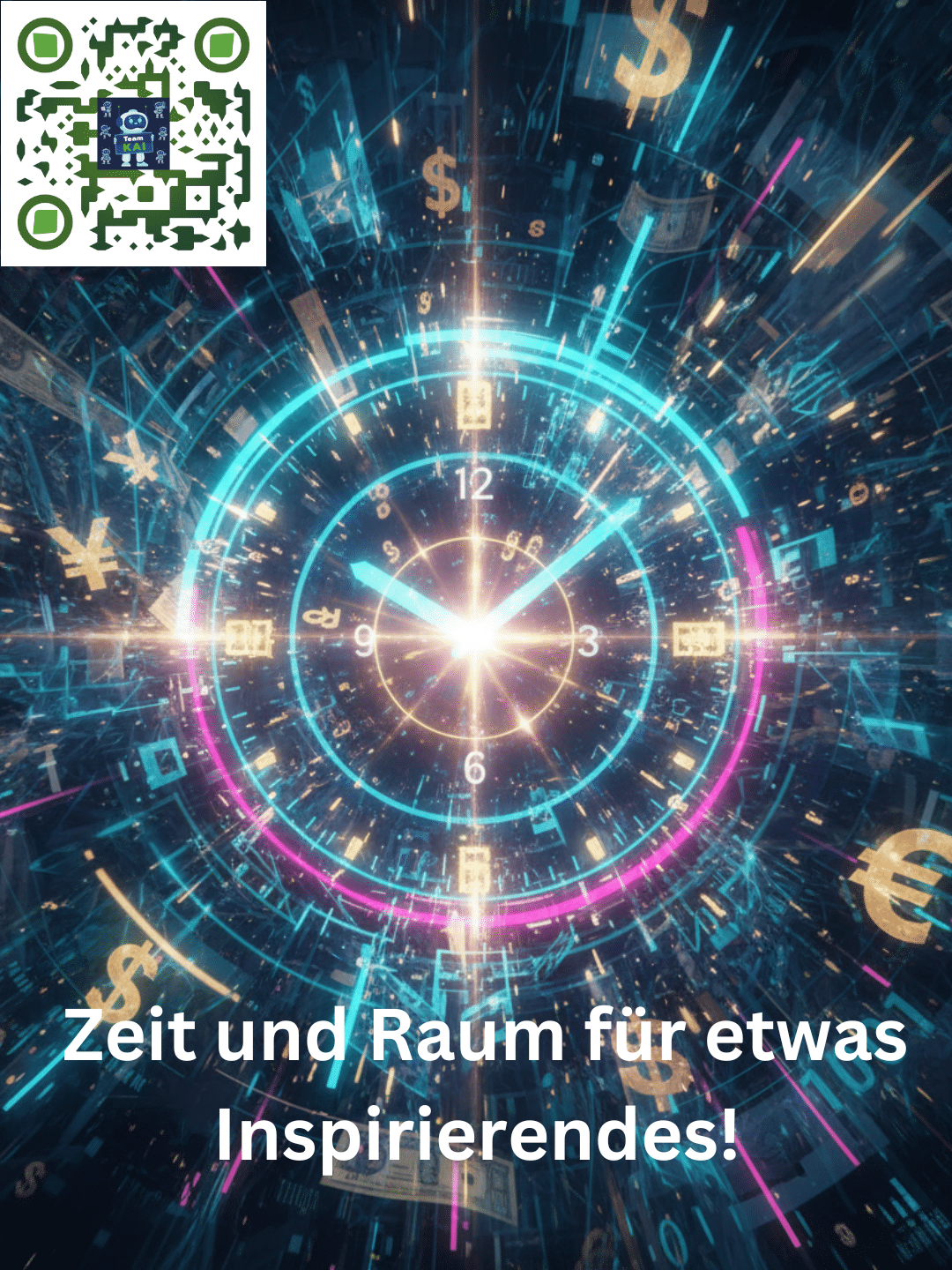 Eine leuchtende Uhr in einem Strudel aus Geld und Daten. Text: "Zeit und Raum für etwas Inspirierendes!"