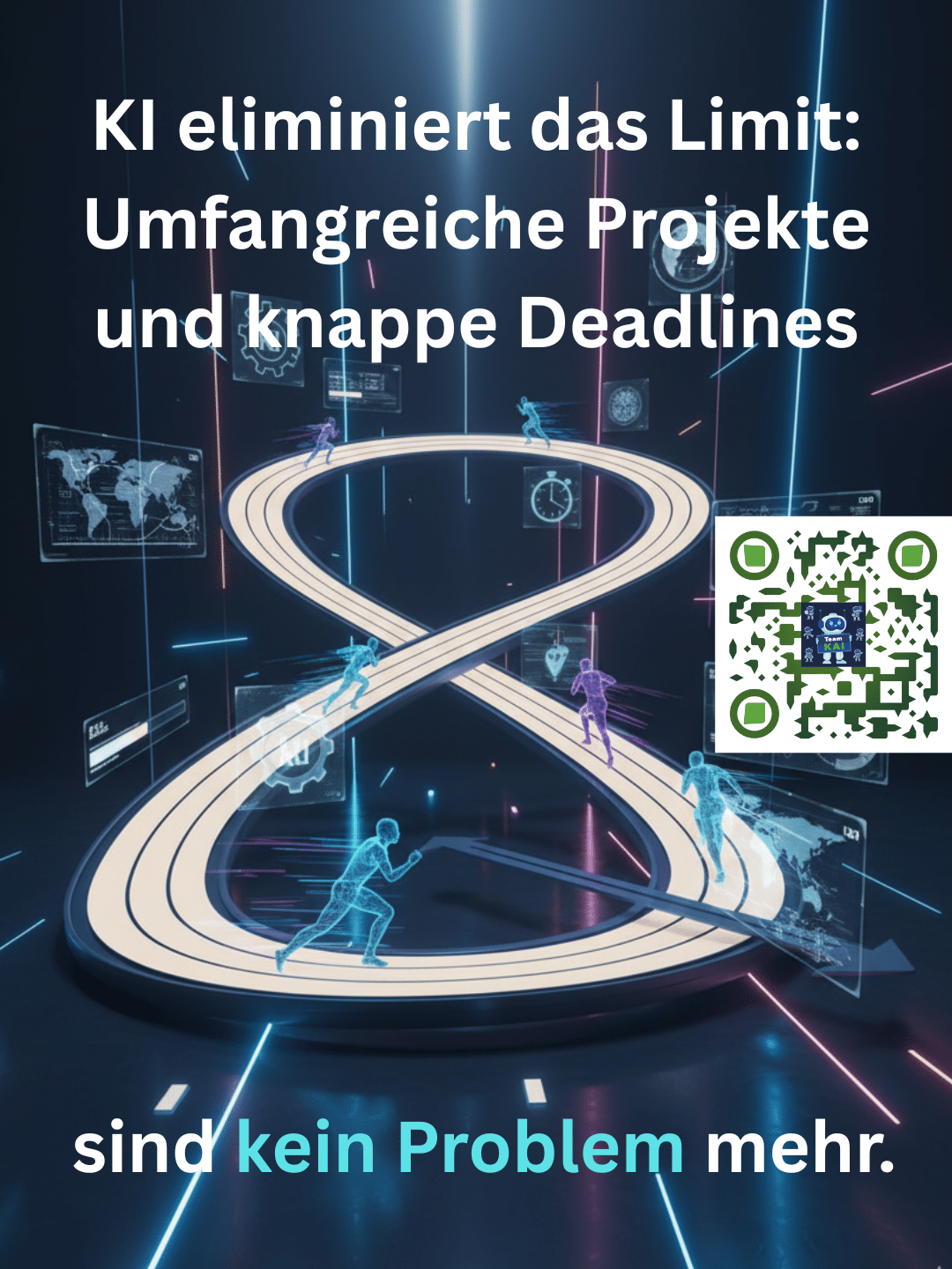 Läufer auf einer unendlichen Rennstrecke, umgeben von Daten. Text: "KI eliminiert das Limit: Umfangreiche Projekte und knappe Deadlines sind kein Problem mehr."