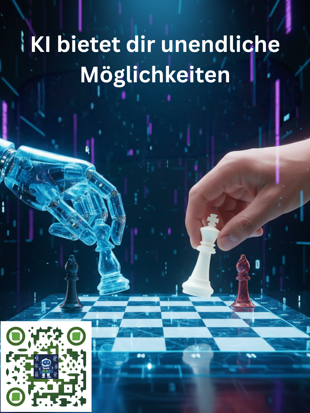 Eine Roboterhand und eine menschliche Hand spielen Schach auf einem digitalen Brett. Text: "KI bietet dir unendliche Möglichkeiten."
