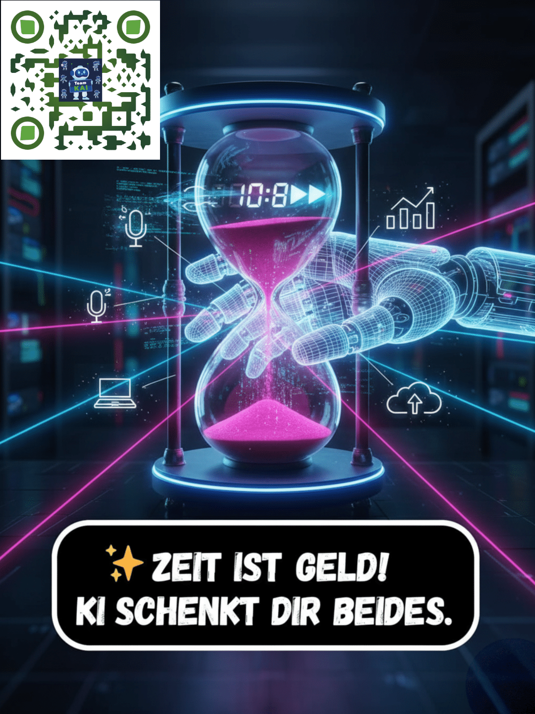 Eine Sanduhr mit pinkem Sand, umgeben von einem Roboterarm und digitalen Icons. Text: "Zeit ist Geld! KI schenkt dir beides."