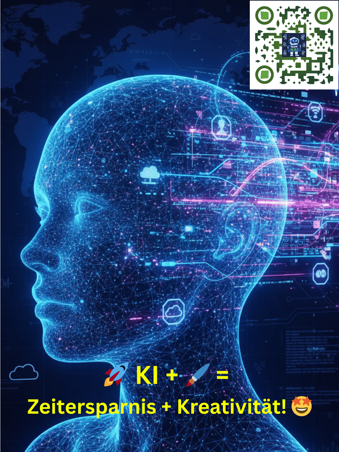 Futuristische Kopf-Silhouette mit leuchtenden Datenströmen und Icons. Text: "KI + 🚀 = Zeitersparnis + Kreativität! 🤩"