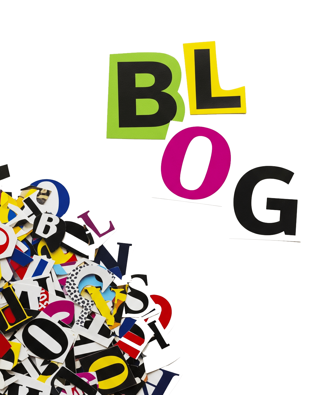 Ausgeschnittene Buchstaben formen das Wort "BLOG" über einem Haufen von zufälligen, bunten Buchstaben und Zeichen.