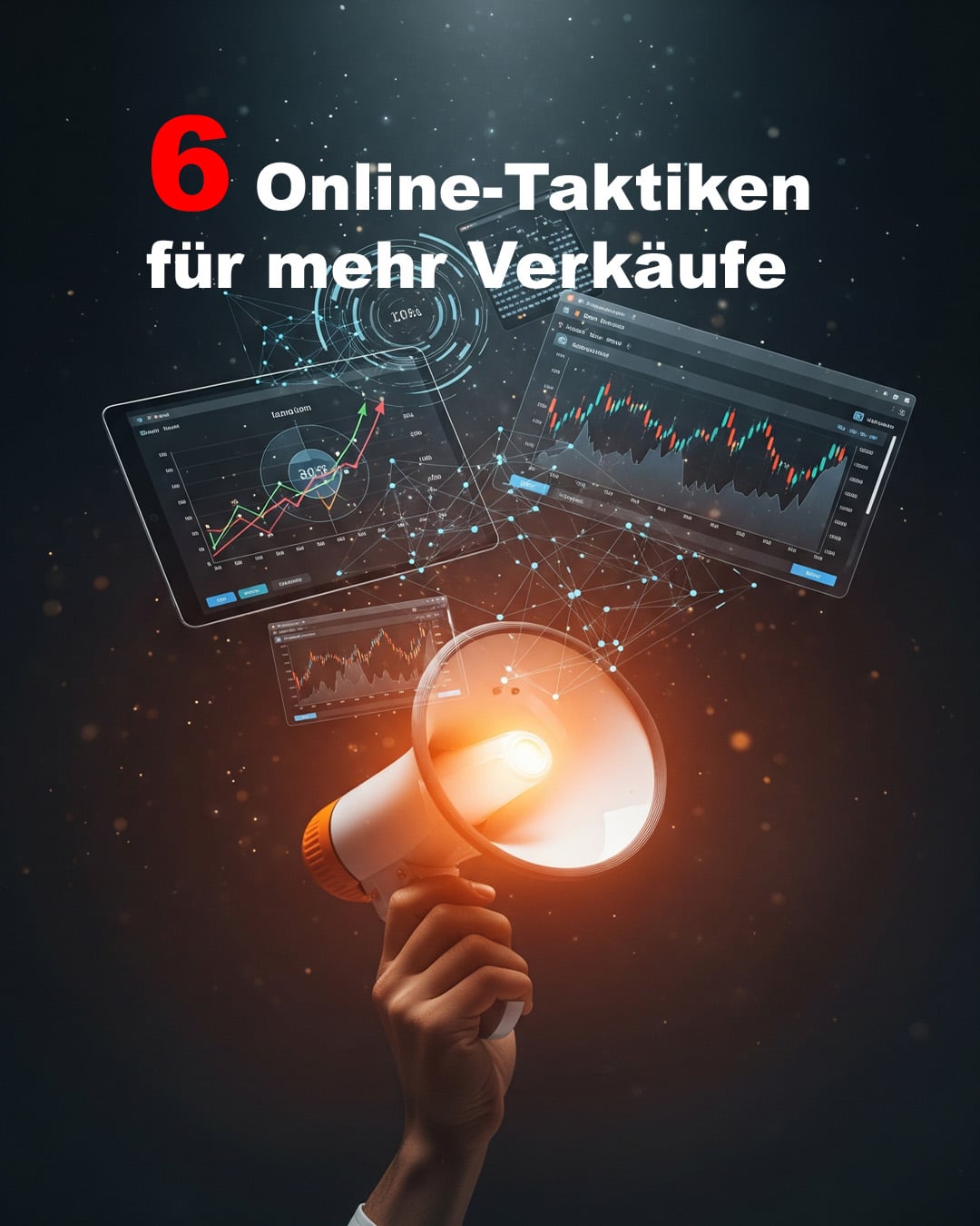 Marketingmaterial zeigt Hand mit orangefarbenem, leuchtendem Megafon vor dunklem Sternenhimmel. Darüber schweben zwei transparente Bildschirme mit Diagrammen, Graphen und Datenanalysen. Haupttext in weißer Schrift: '6 Online-Taktiken für mehr Verkäufe'