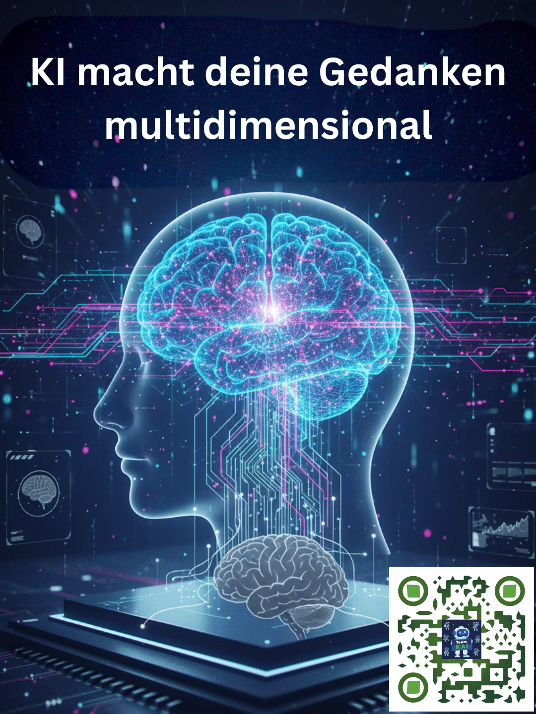 Eine Kopf-Silhouette mit leuchtendem Gehirn und digitalen Schaltungen. Text: "KI macht deine Gedanken multidimensional."