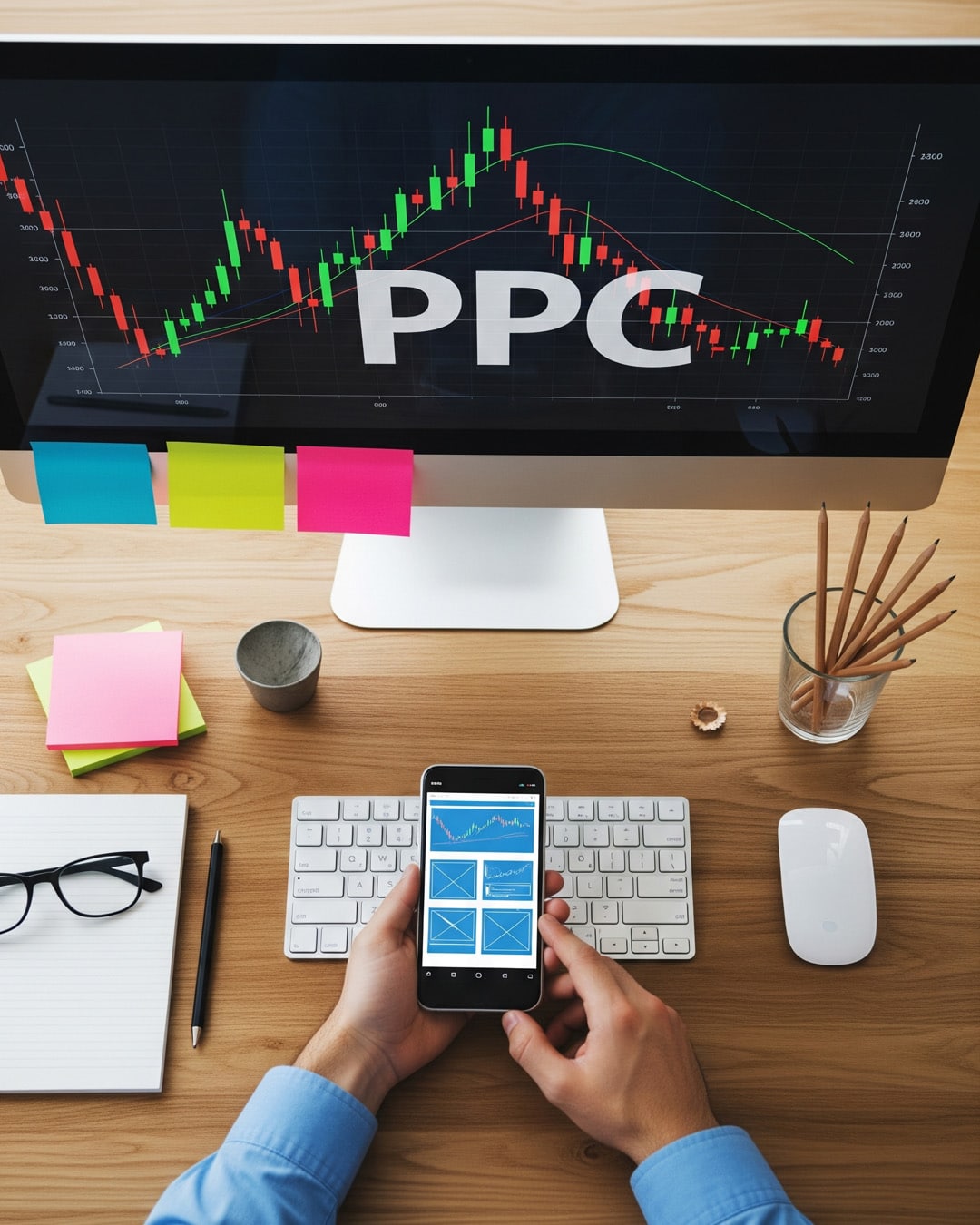 Ein Schreibtisch-Setup mit einem Computermonitor, auf dem ein PPC-Diagramm zu sehen ist, und Händen, die ein Smartphone mit Analyse-Apps halten.