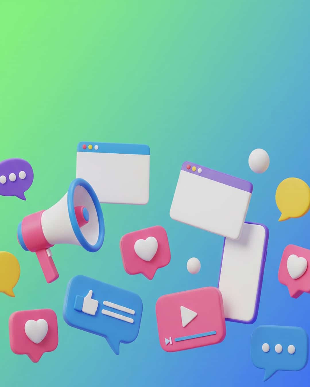 Eine dreidimensionale Grafik, die verschiedene Symbole für soziale Medien in der Luft zeigt. Dazu gehören ein Megafon, ein Smartphone, Browserfenster und Icons wie Herzen (Likes) und Sprechblasen.