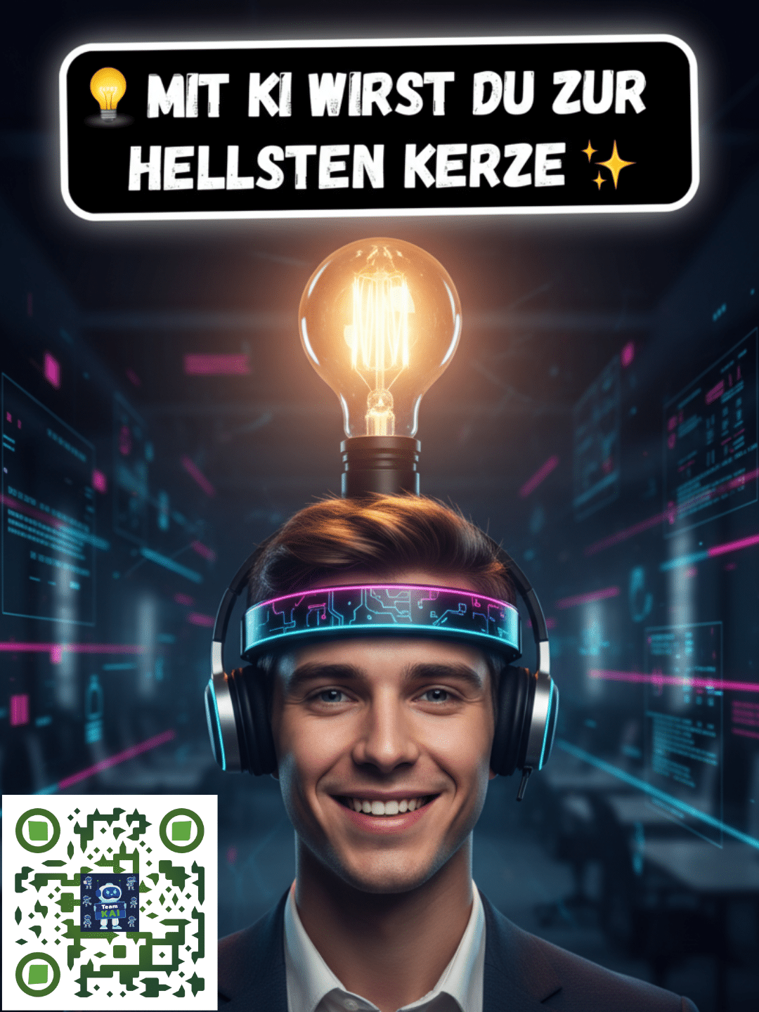 Lächelnder Mann mit Kopfhörern und leuchtender Glühbirne über dem Kopf. Text: "Mit KI wirst du zur hellsten Kerze."