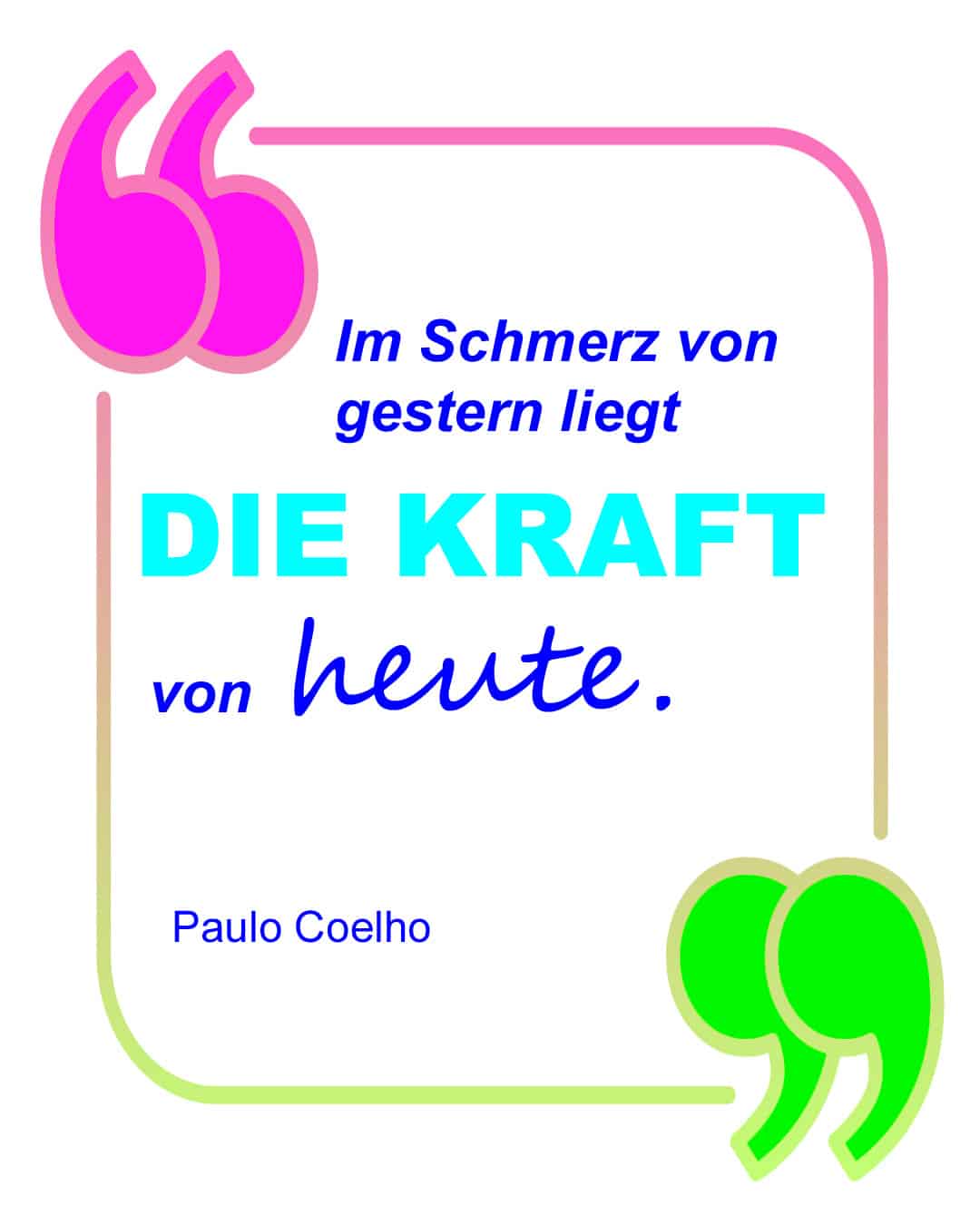 Paulo Coelho Zitat über Kraft in bunter Sprechblase über Schmerz und Kraft, pinke und grüne Anführungszeichen als Design-Element