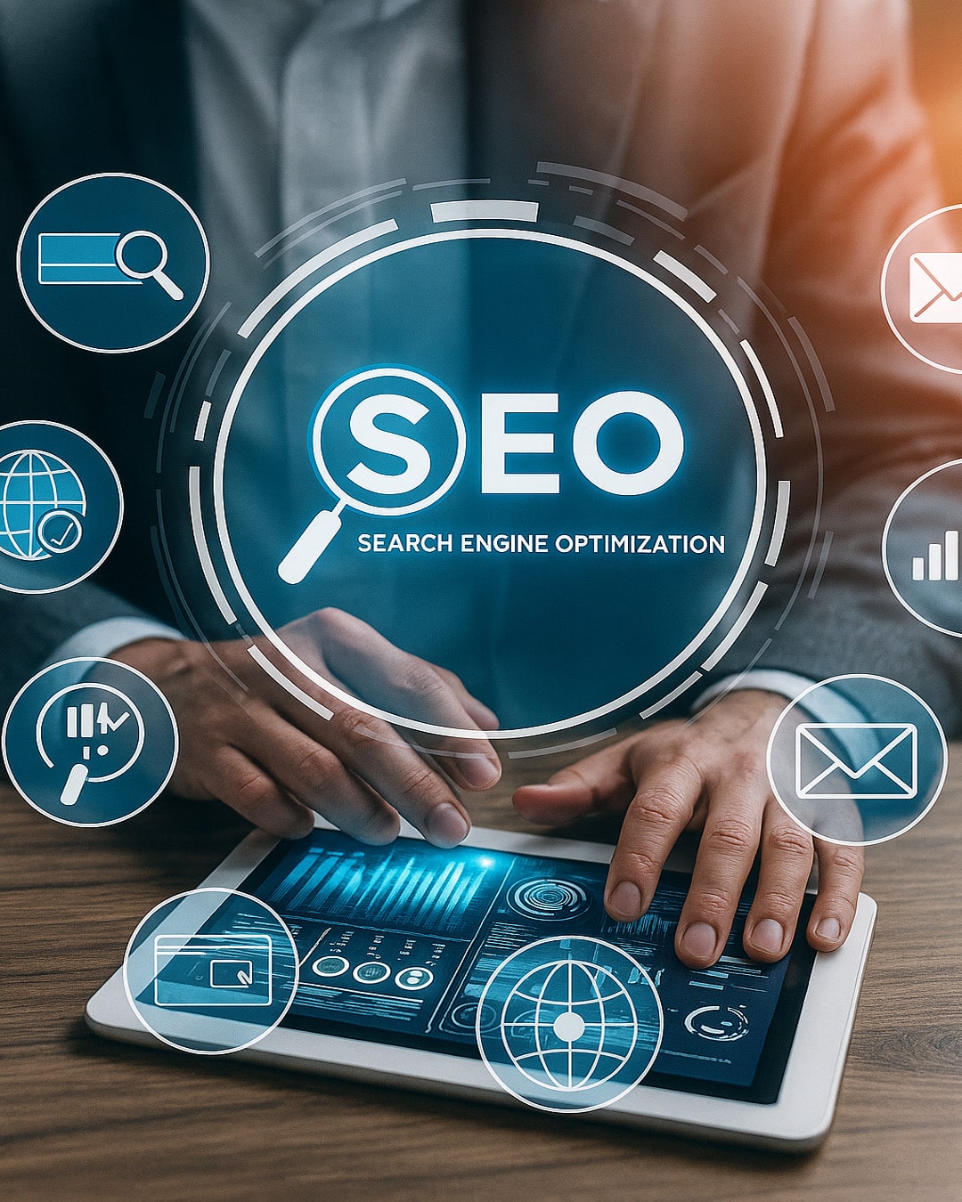 SEO Strategie und Suchmaschinenoptimierung Konzept - digitale Marketing Tools auf einem Tablet