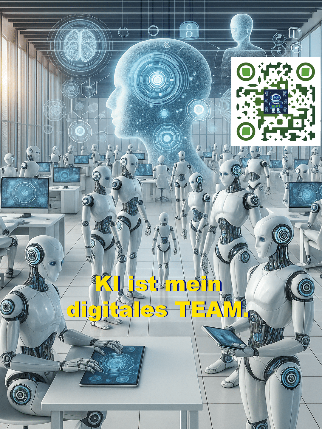 Ein Büro gefüllt mit menschenähnlichen Robotern, die an Tischen arbeiten, mit digitalen Gehirnen und menschlichen Silhouetten im Hintergrund.