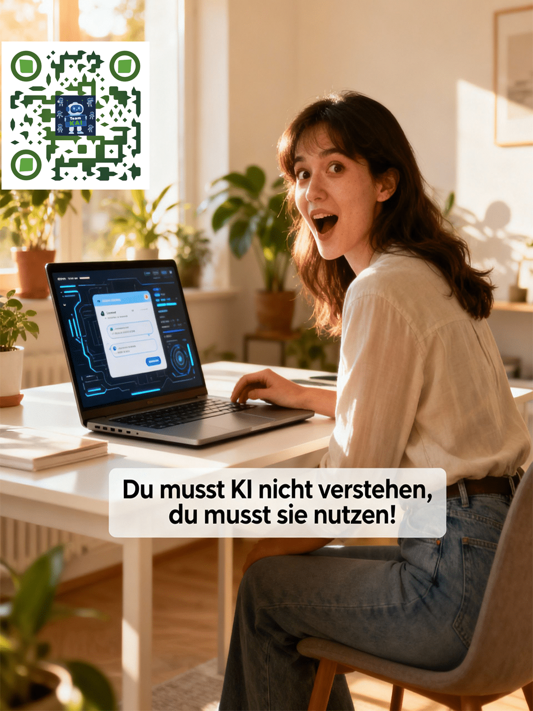 Junge Frau schaut überrascht in die Kamera, während sie am Laptop mit KI arbeitet. Text: "Du musst KI nicht verstehen, du musst sie nutzen!".