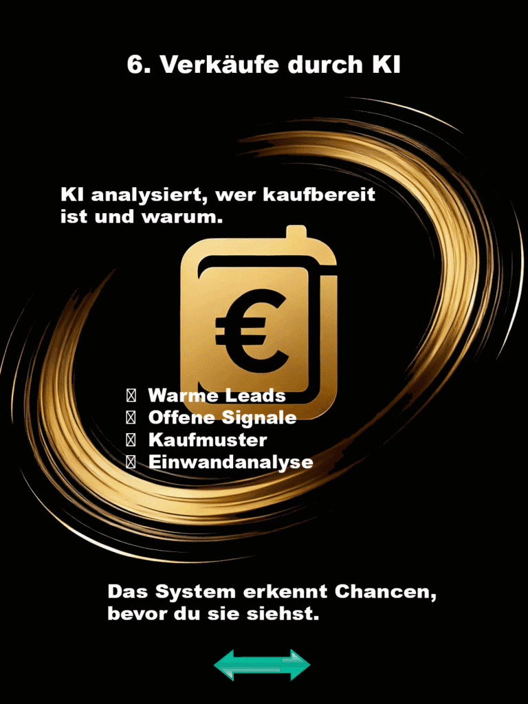 Schritt 6: Verkäufe durch KI. Goldenes Euro-Symbol und Lichtschweif auf Schwarz, Text zu Kaufmustern.
