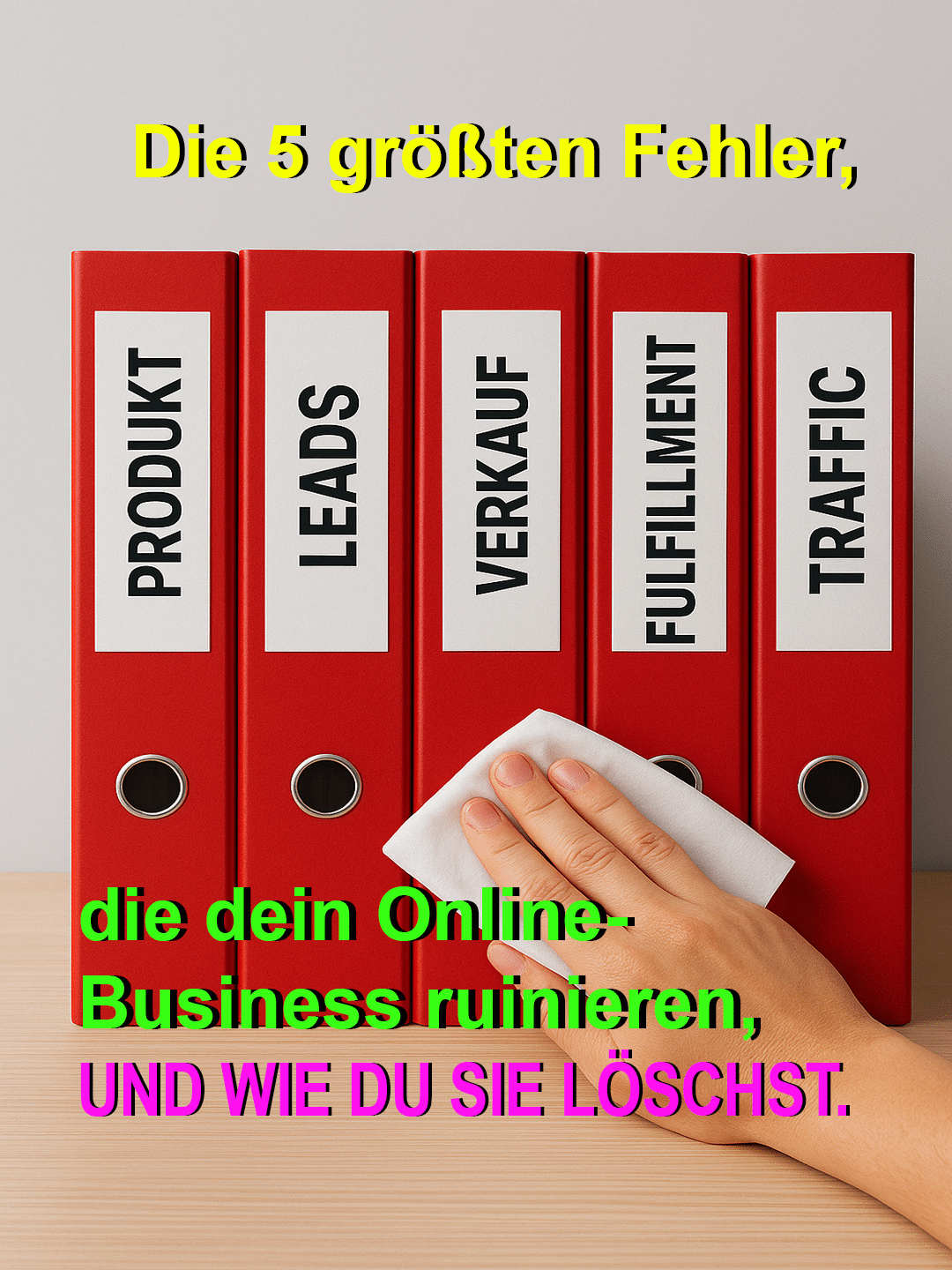 Eine Hand wischt fünf rote Ordner mit den Beschriftungen "PRODUKT", "LEADS", "VERKAUF", "FULFILLMENT", "TRAFFIC" ab.