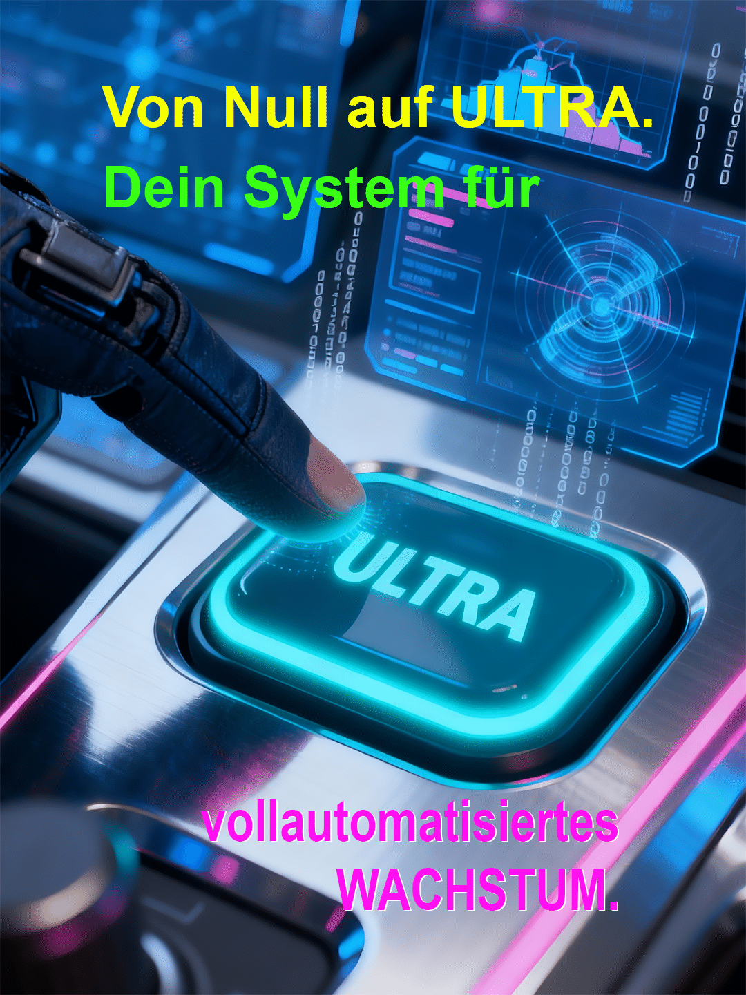 Eine Hand mit Handschuh drückt einen leuchtenden "ULTRA"-Knopf auf einer futuristischen Konsole mit digitalen Anzeigen.