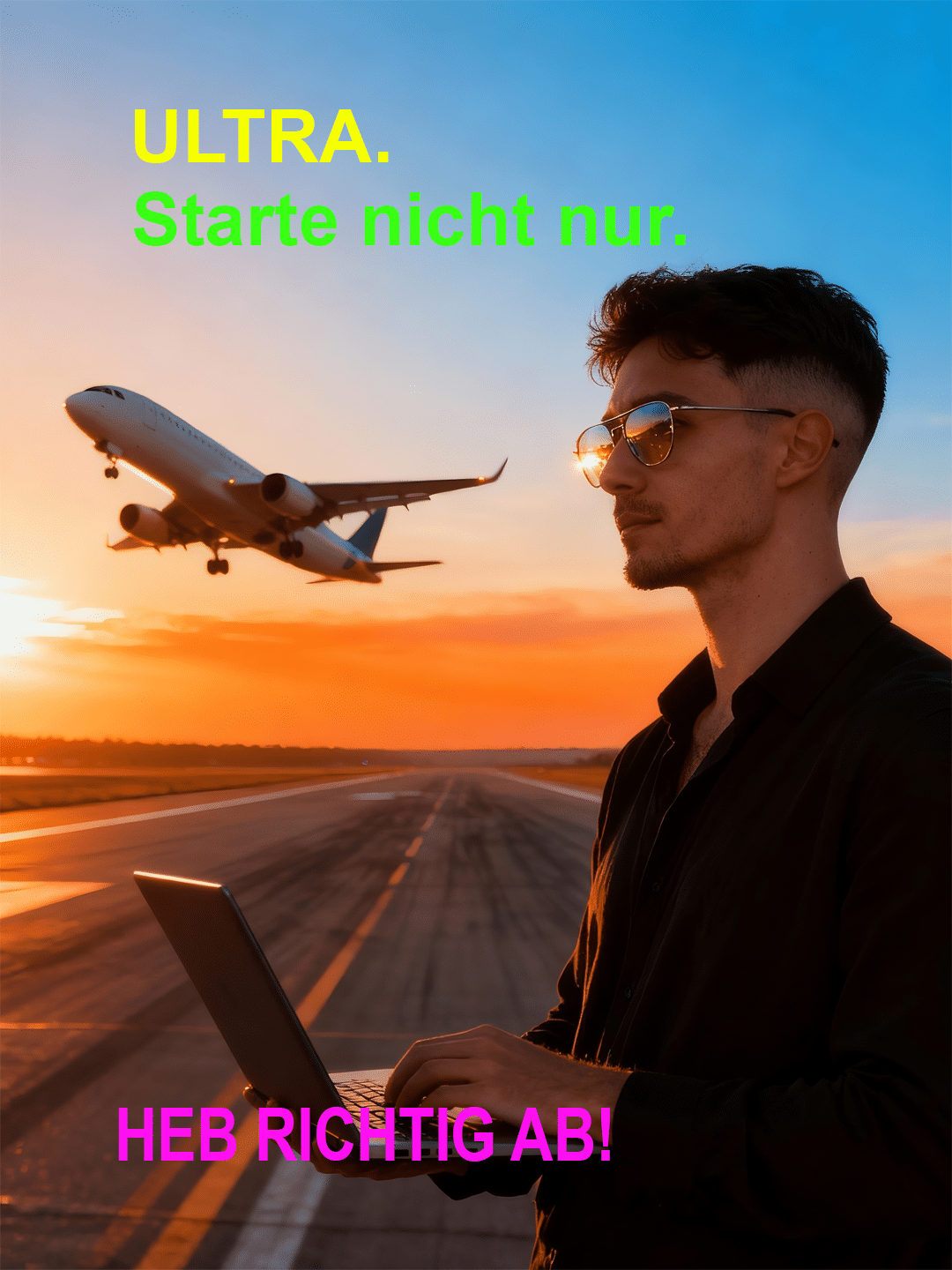 Ein Mann mit Sonnenbrille arbeitet an einem Laptop auf einer Startbahn, während ein Flugzeug bei Sonnenuntergang abhebt.