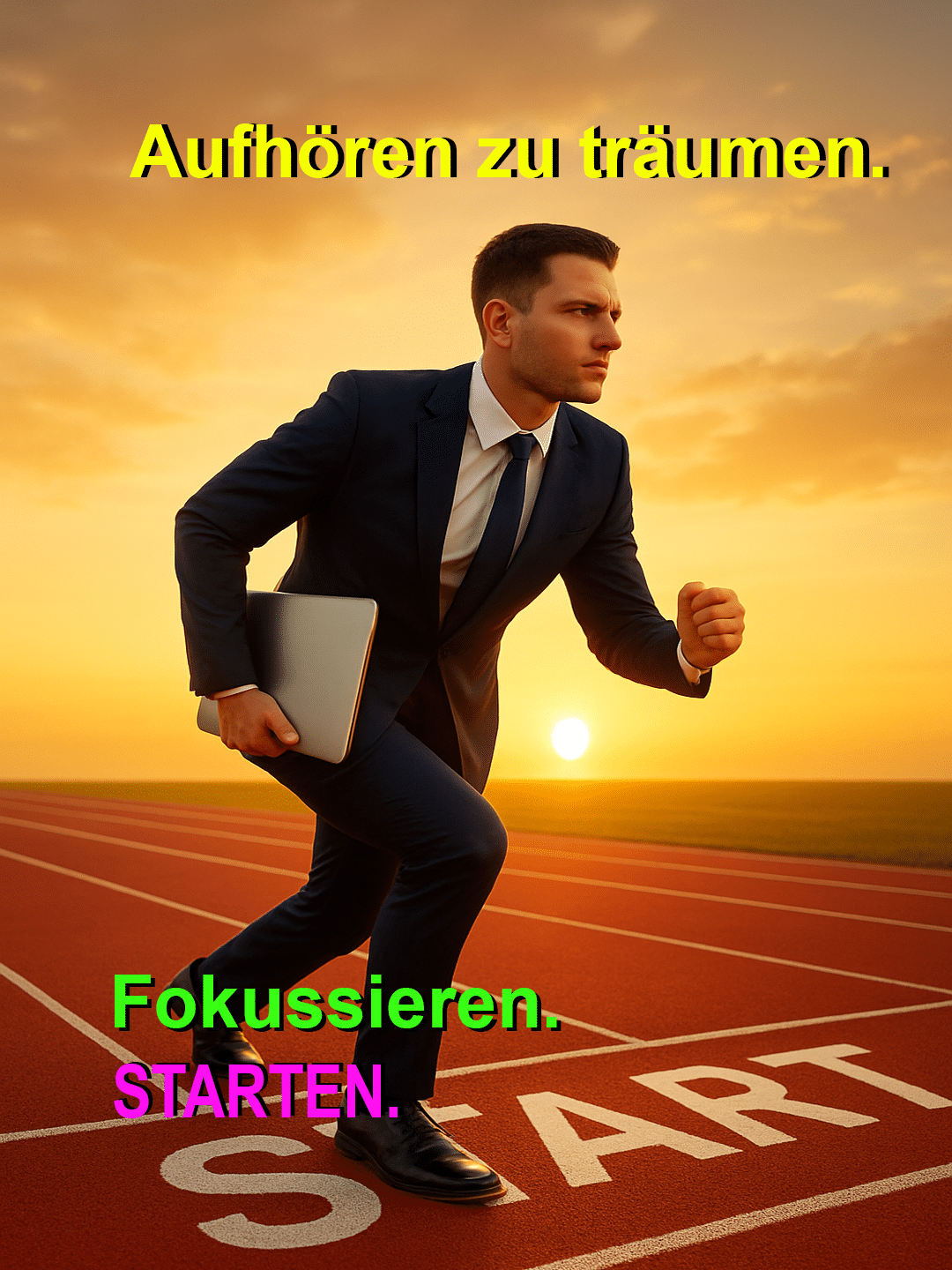 Ein entschlossener Geschäftsmann in einem Anzug mit Laptop in der Hand, bereit zum Start auf einer Laufbahn bei Sonnenuntergang.