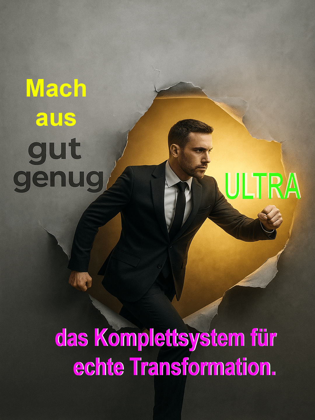 Ein entschlossener Mann in einem Anzug bricht durch eine Wand und schreitet in ein helles, "ULTRA" genanntes Licht.