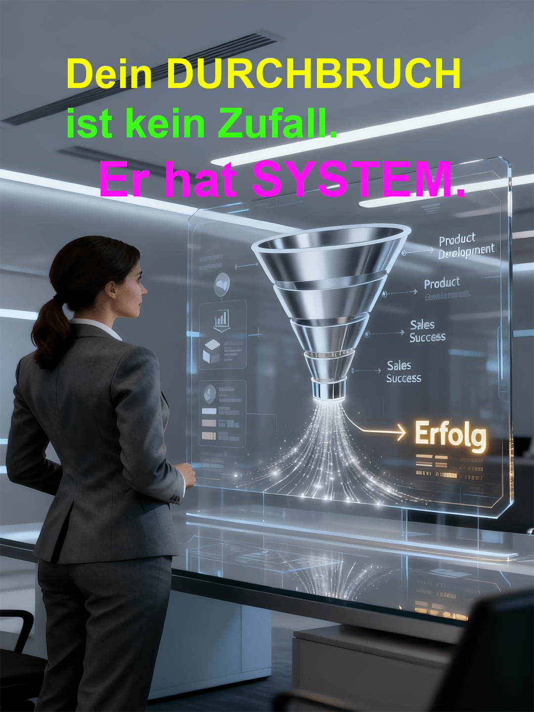 Eine Frau betrachtet ein futuristisches Hologramm, das einen Verkaufstrichter und den Weg zum Erfolg darstellt.