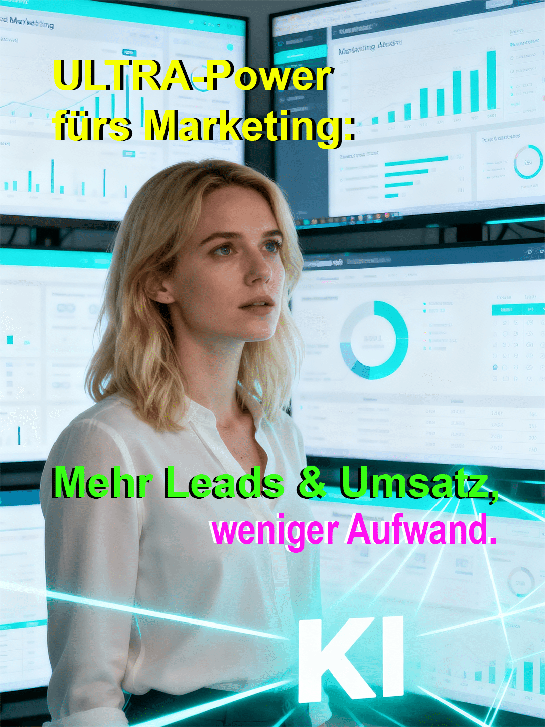Eine blonde Frau in einem weißen Hemd blickt nachdenklich vor einem Hintergrund mehrerer Bildschirme mit Marketing-Analysedaten.
